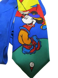 Mickey Mouse Playing Golf Novelty Necktie Tie Silk Blue Green Yellow Vintage- - Picture 1 of 4