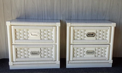 Dixie Weve Rattan Campaign Style White Hollywood Regency Nightstands - a Pair Cover