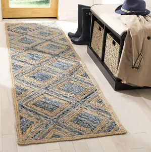 Cape Cod Collection Runner Rug - 2'3" X 12', Natural & Blue, Handmade Flat Weave - Picture 1 of 4