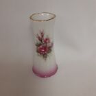 Vintage Verbano Miniature 3" Porcelain Vase With Maroon Flowers And Gold Trimmed