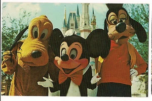 DISNEY WORLD Orlando Florida POSTCARD FL. Pluto Mickey Mouse & Goofy 1976 - Picture 1 of 2