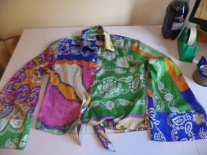 Zara bright multicolour retro Shirt Silky Tie Front Blouse medium size 10 12 - Picture 1 of 5