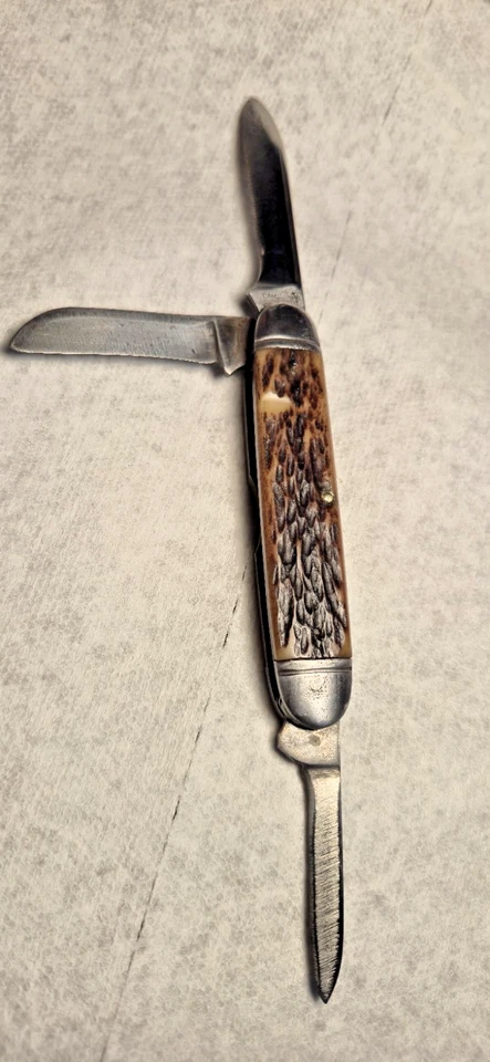 老式 4 行 Camillus Cutlery Co 纽约美国 3 刀片骨柄雪茄刀 — 第 1/4 张图片