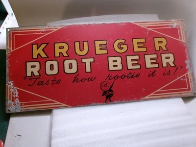 Letrero de cerveza Krueger vintage saborea cómo rootie es original 8" por 18" Newark NJ Foto 1 de 4