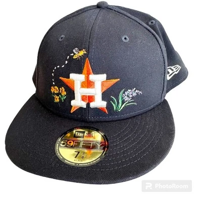 New Houston Astros Watercolor Floral 59FIFTY Fitted Baseball Hat Size 7 3/4 - Image 1 of 4