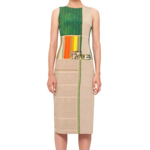 Akris Farm Flower Field Print Silk Dress Sheath Colorblock Stripe Tan Green 10 - Picture 1 of 18