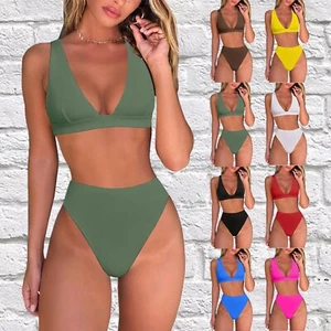 Womens High Waisted Thong Bikini Sets Sexy Brazilian Triangle Top Deep V Neck - Picture 1 of 48