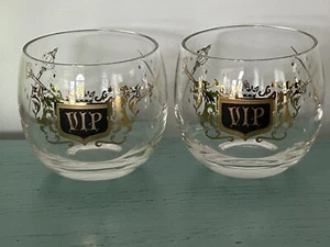 Vintage VIP Roly Poly Whiskey Rocks Glasses Set MCM Gold Black Swords - Picture 1 of 1