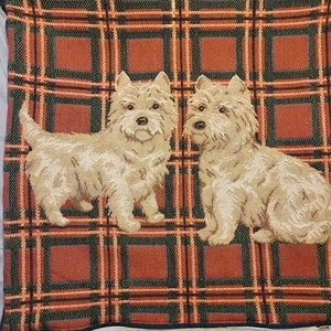 Vintage Tapestry Pillow Case West Highland Terriers Plaid Background - Picture 1 of 9