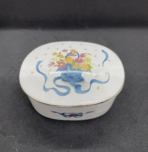 Vintage Porcelain Oblong Trinket Box Blue Pink Yellow Orange Floral Gold Trim - Picture 1 of 6