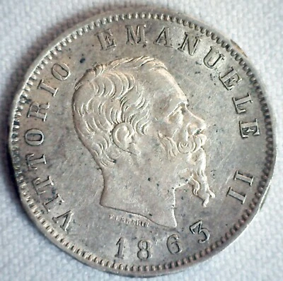 1863 BN-M Italy Silver 1 Lire Coin Extra Fine Circulated Vittorio Emanuele II 1L - Image 1 of 2