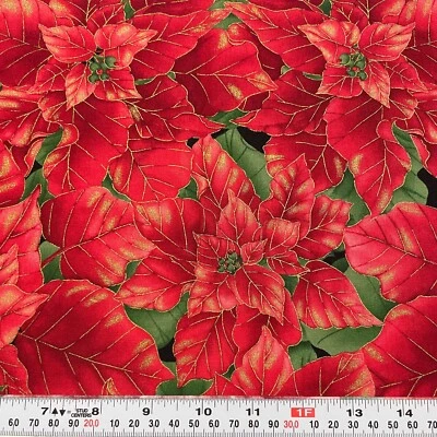 Nature’s Holiday Timeless Treasures Metallic Poinsettia Cotton Remnant 9" x 44" - Image 1 of 2