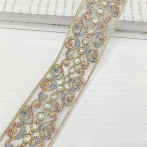 Sequin Embroidered Ribbon Trim Gold Line Sewing Accessory Vintage Ethnic Costume - Picture 1 of 11
