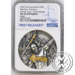 2022 NGC MS70 Antiqued Germania 10 Mark The Warriors Arminius 2 oz Silver Coin - Picture 1 of 12
