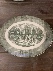 Green And White Colonial Scenes 12" Oval Platter - Picture 1 of 5