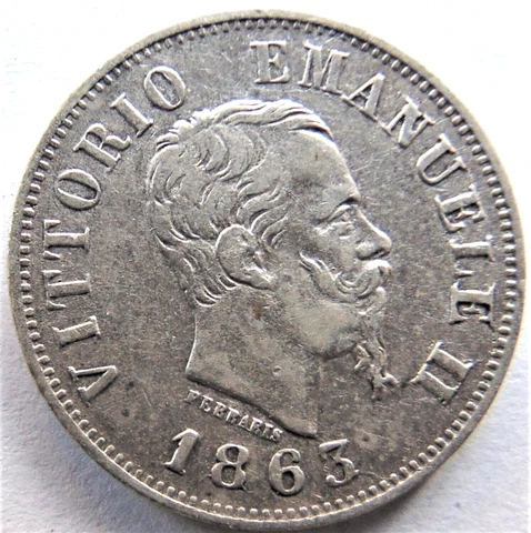 1863 M ITALY  Vittorio Emanuele II, silver 50 Centesimi grade VERY FINE ,#11 Cover