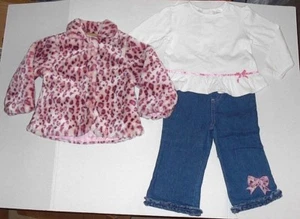 Pretty Girl 3 Pc Pink Faux Fur Leopard Print Coat Top Blue Jeans Pants Set Sz 2T - Picture 1 of 9