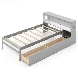Twin Size Bed Frame w/ LED Light & Power Outlet Bookcase Headboard Drawers - Picture 1 of 10