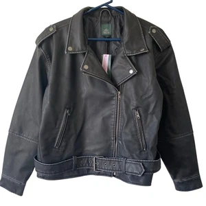 NEW WILD FABLE Distressed Faux Leather Motorcycle Jacket Size Medium Black - Picture 1 of 5