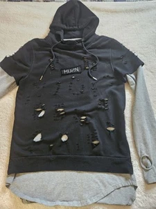Hudson brand: Black Distressed Hoodie; Layered Look, Side Zipper. Men's Med. - Picture 1 of 7