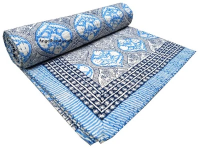 Indian Block Printed Kantha Bedding Throw, Handmade Queen  Reversible Soft Quilt - Image 1 of 4