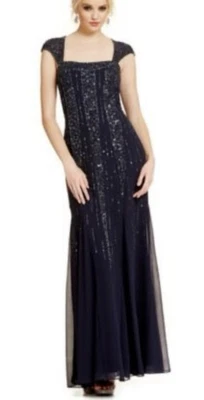 ADRIANNA PAPELL Navy Blue Beaded Sequin Cap Sleeve Gown size 2 - Image 1 of 4