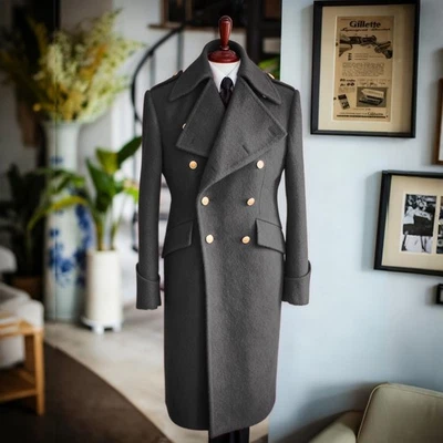 Men Coats Wool Blend Tweed Long Jackets Double Breasted Outside Wear Overcoats - Image 1 of 4