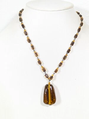 Brown Glass Pendant Beaded Gray Metallic Western Coastal Necklace Faux Amber 21" - Image 1 of 4