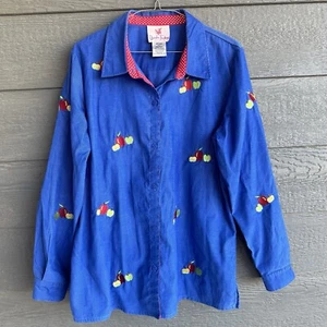 Quacker Factory Womens Med Blue Corduroy Teacher Apples Button Up Shirt School - Picture 1 of 7