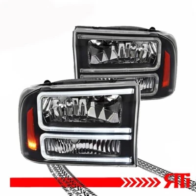 Black Headlights 99-04 Ford F250 F350 Super Duty Excursion Upgrade Dual C DRL - Image 1 of 4