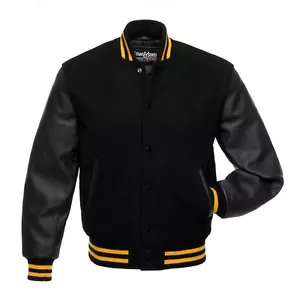 Stewart & Strauss Black Wool & Leather with Gold Varsity School Letterman Jacket - Picture 1 of 6