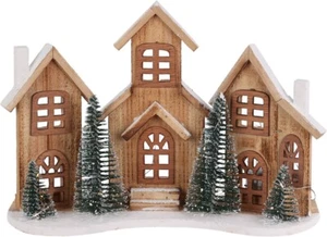 LED Holz Weihnachtshaus mit Baum schneebedeckt beleuchtet Dorfhaus - Bild 1 von 2