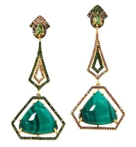 Meher's Jewelry Gold Plated Malachite Multi gemstone Mismatched Dangle Earrings - Picture 1 of 2