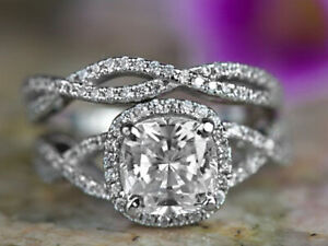 Halo Wedding Ring Set 3.05Ct Cushion Cut Simulated Diamond 14K White Gold Size 8