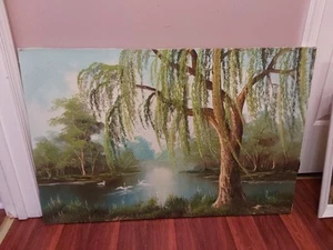 Original Vintage Oil Painting SWANS TREES LAKE 36" X 24" GC - Picture 1 of 9