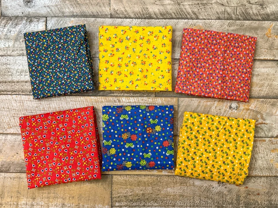 Vintage Calico Fabric Lot Small Tiny Floral Yellow Red Blue Retro Remnants - Image 1 of 4