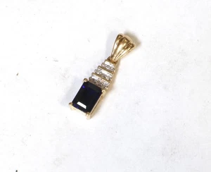14K Solid Yellow Gold Small Emerald Cut Sapphire & Diamond Pendant 22mm  1.8 gr - Picture 1 of 9