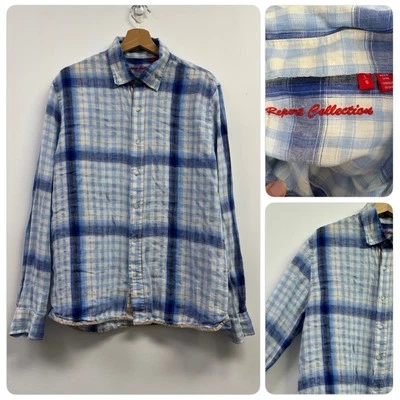 Men's REPORT COLLECTION White Blue Plaid Linen Shirt Beach Casual Size Large - Image 1 of 4