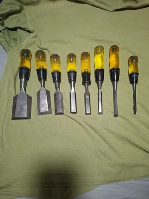 Vintage Stanley Made In  USA No 60 Wood Chisel 8Set ,1/4, To  2” Yellow Handles  - Image 1 of 4