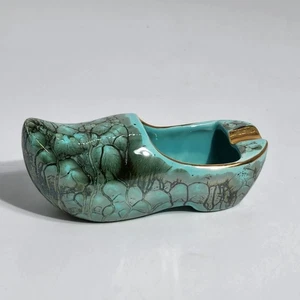 Vintage Dutch Ceramic Clog Shoe Turquoise and Gold Hand Painted Made in Holland - Picture 1 of 8
