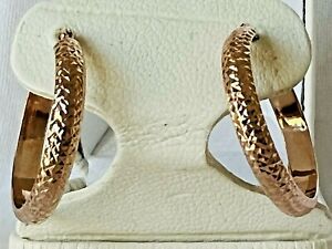 14k Shiny Rose Gold Estate Designer SLC Textured 1 Inch Hoop Earrings
