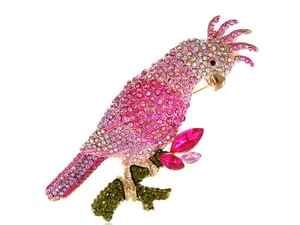 Fuchsia Pink Tropical Parrot Bird Perch Crystal Rhinestone Pin Brooch - Picture 1 of 4
