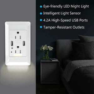 With LED Nightlight 4.2A Smart High Speed USB Outlet Home Wall Socket Panel Plug - Picture 1 of 10