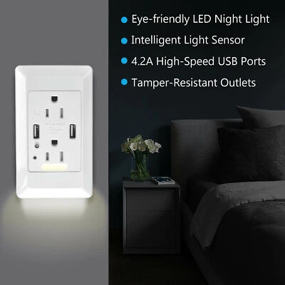 With LED Nightlight 4.2A Smart High Speed USB Outlet Home Wall Socket Panel Plug - Image 1 of 4