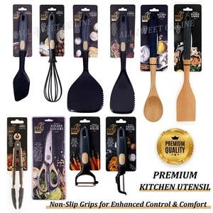Silicone Utensils Set Wooden Cooking Kitchen Baking Cookware Spatula Turner AU - Picture 1 of 44