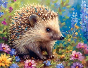 Cute Hedgehog Day Dreaming In A Field Of Flowers Giclée Art Print 8.5x11 - Picture 1 of 2