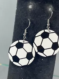 Dangle Soccer Ball Earrings Mid Century Retro Modernist Boho Pierced 2" - Picture 1 of 9
