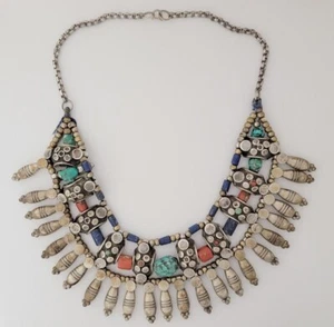 Vintage Heavy Sterling Silver Turquoise, Lapis Lazuli & Coral Necklace - Picture 1 of 5
