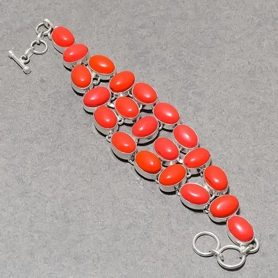 Brazalete Joyería Regalo Étnico Hecho a Mano Coral Rojo Forma Ovalada 8-9" SR 1075 Foto 1 de 4