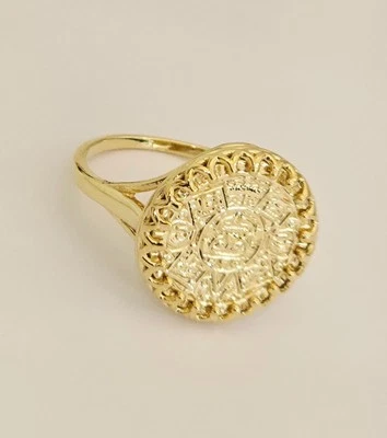 14k Yellow Solid Gold Aztec Calendar Ring Calendario Azteca Anillo - Image 1 of 4